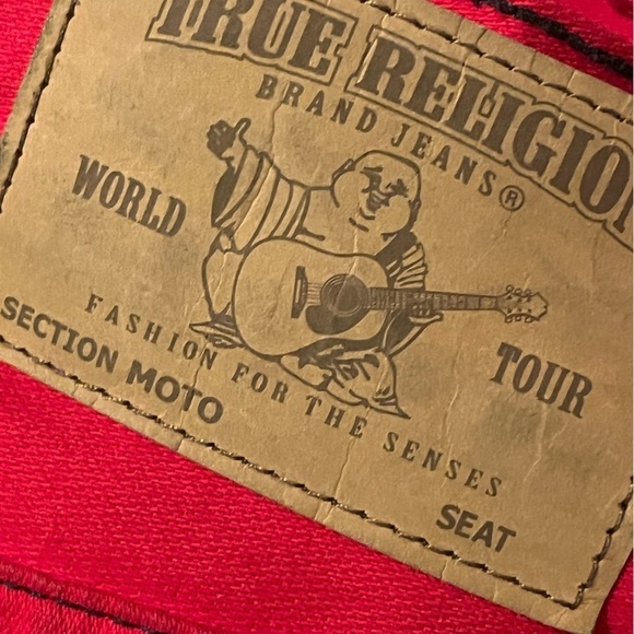 True Religion Red Mens Motto Denim Jeans Sz 32 Red Straight Leg - Picture 8 of 13